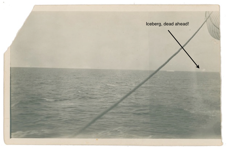 Original unsigned vintage first generation photo of the Titanic wreck site, 5.25 x 3.5, taken aboard the Carpathia on the morning of April 16, 1912