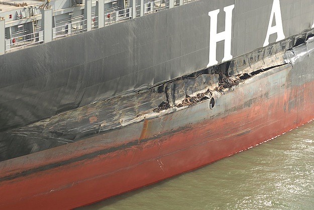 Damage to the Cosco Busan after the allision with San Francisco's Bay Bridge.