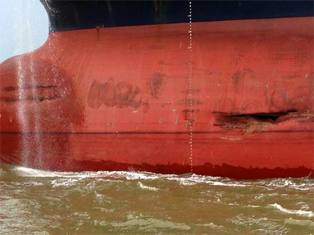 The unloaded 800-foot tanker, Minerva Maya, sustained some damage after a collision with a tug pushing barges in the Houston Ship Channel June 2, 2013. No injury or pollution was reported from the incident. U.S Coast Guard Photo.