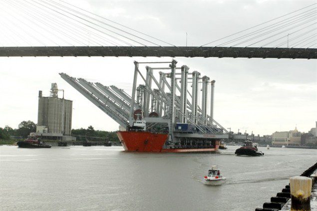 Four new super post-Panamax ship-to-shore cranes navigate the Savannah River channel on their way to the Port of Savannah's Garden City Terminal on Wednesday, June 5, 2013. (Russ Bryant/Georgia Ports Authority)
