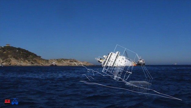The Costa Concordia will be pulled upright using a series of pullies fixed to the ship and underwater platforms. Image courtesy Titan-Micoperi consortium.