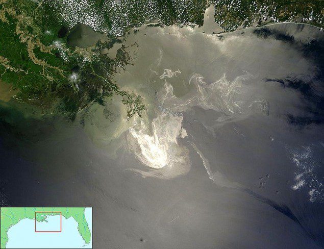 The Gulf Oil Spill as observed from NASA's Terra satellite on May 24, 2010. Image credit: NASA/Wikimedia Commons