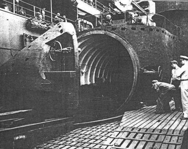 The open plane hangar of the I-400 submarine